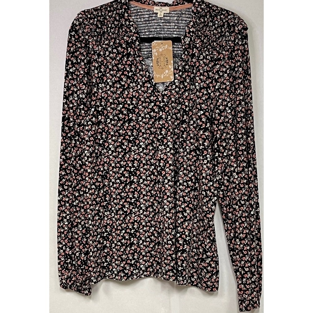 MASON & BELLE Top Women L Black Floral Smocked Ruffles Long Sleeve V-Neck NWT